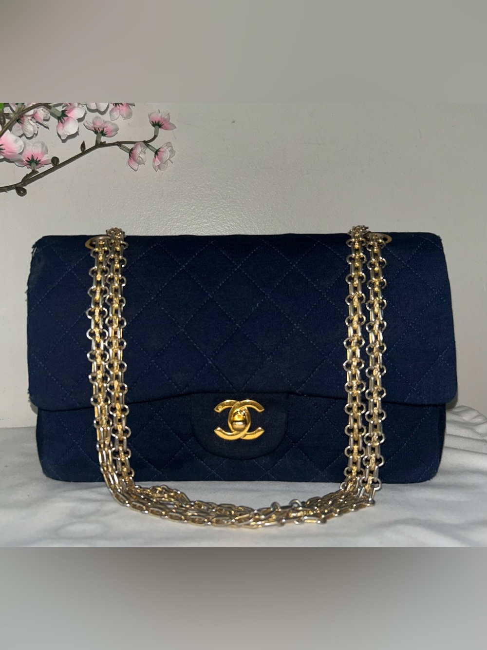 CHANEL Vintage Medium Classic Double Flap Jersey Quilted Handbag Navy / 24K Gold